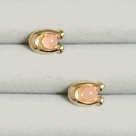 COACH Rose Quartz Signature C Gold Plated Stud Earrings - Picture 2 of 9